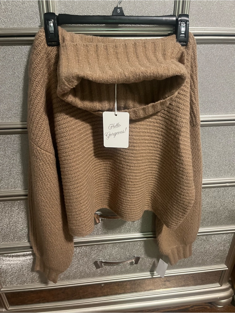 Elan Camel Cowl Neck Ribbed Sweater